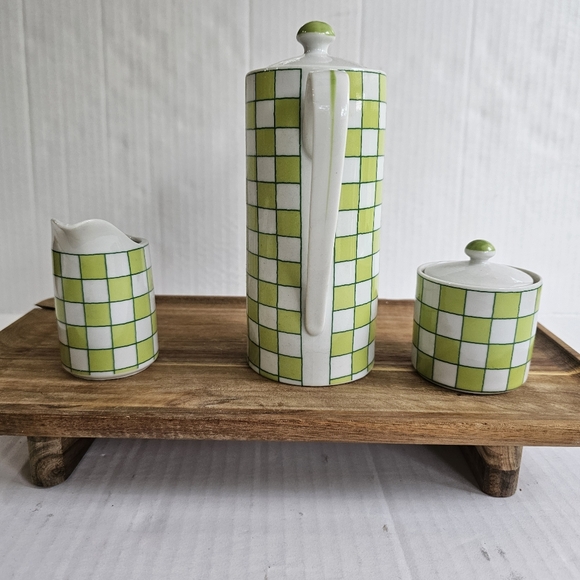 Taste Setter By Amm Green With Envy Teapot Set 3 Piece Green White Check - Picture 2 of 16